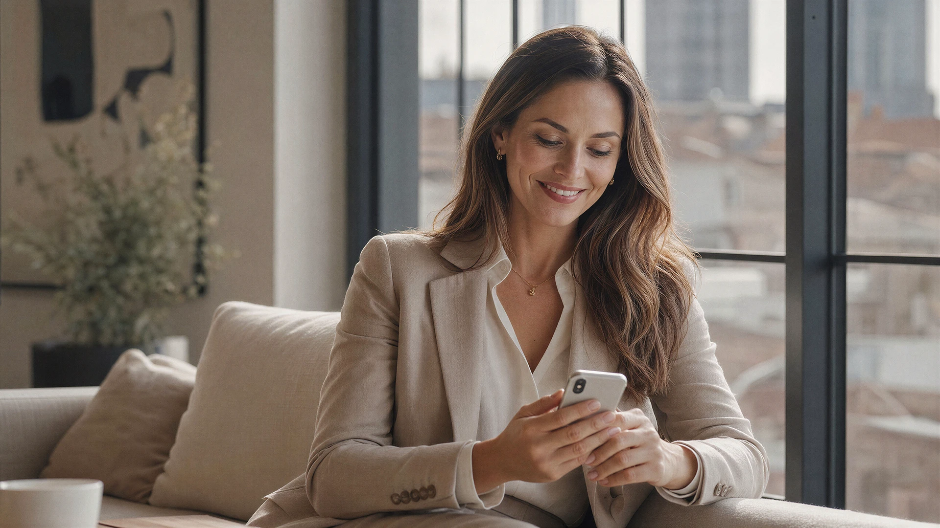 A woman at home using an enriched call
